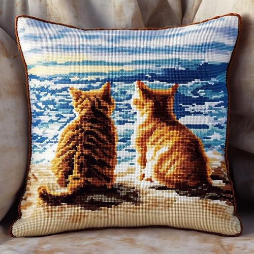 animale Kit di Ganci a Chiusura per Cuscino,Coppia di gatti sulla spiaggia,Kit cuscino mezzopunto DIY di cuscino Principianti Adulti Regalo per adolesc,43x43cm