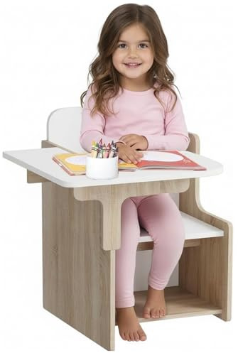 MeJa Kids Table & Chair Set, Children's Wooden Writing Desk Set with Storage Compartment, Junior Toddler Study Table & Chair for Ages 3+, 2 in 1 Children's Furniture Boys & Girls Gift, Walnut+White