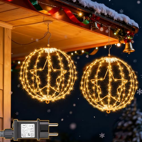 Yowin 2 Stück Weihnachtsbeleuchtung Außen 30CM 200 LED Leuchtkugel Weihnachten mit Stecker, Timer, Hängen Beleuchtete Weihnachtskugeln 8 Modi wasserdichte Lichterkugel für Innen Deko - Brauner Rahmen