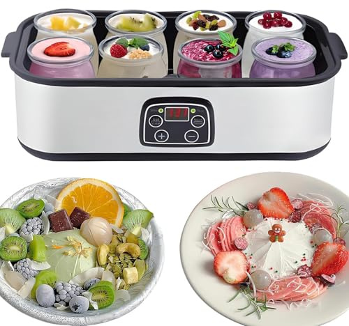 Yaourtière automatique avec 8 bocaux en verre – Capacité de 1400 ml – Température réglable de 20 °C à 55 °C – Affichage LED pour la fabrication de fromages à la maison et cadeaux sains