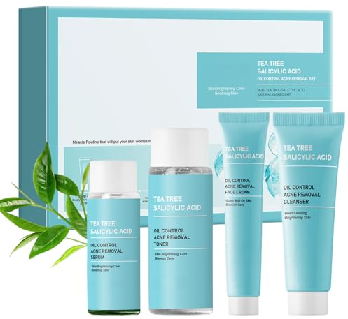 Tea Tree Acne Skincare Set, BHA Oil Control Kit with Cleanser, Toner, Serum & Cream, Korean Skincare for Oily & Acne-Prone Skin, Pore Care, Balances Skin, Hydrating & Refreshing Daily Routine