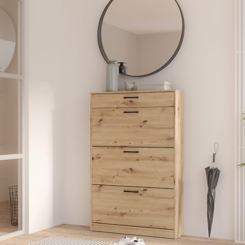 Forte NIKO Schuhschrank 80 90, Skandi-Schrank, 3 Kippfächer, 1 Schublade, Holzwerkstoff, Flur, Abstellraum, Artisan Eiche Holzdekor, 83,2 cm breit x 127,7 cm hoch x 20,4 cm tief