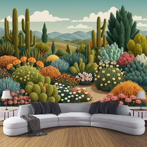 DLERFLOVR Desert Cactus Photo Wallpaper Retro Illustrations Wall Mural Silk Wall Décor Art Large Poster Picture Design Modern for Living Room Bedroom Dorm Décor 450x315cm - Sage Green