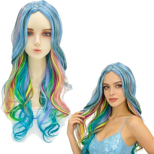 Frauen Lange Gewellte Mehrfarbig Perücke,Perücke Bunt Lang Locken,Regenbogen Cosplay perücke,Regenbogen perücke Damen Locken,BuntePerücke Cosplay,Geeignet für Alltag,Cosplay,Damen Fasching Halloween