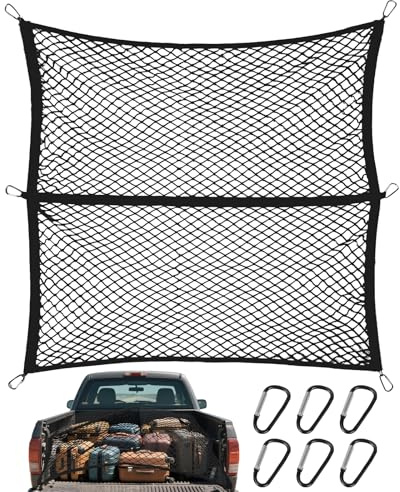 Gepäcknetz Auto 120x120cm elastisch bis 210x210cm mit 6 Haken, Ladungssicherungsnetz für Kofferraum & Transporter, Reisepraktisch für Camping & Urlaub