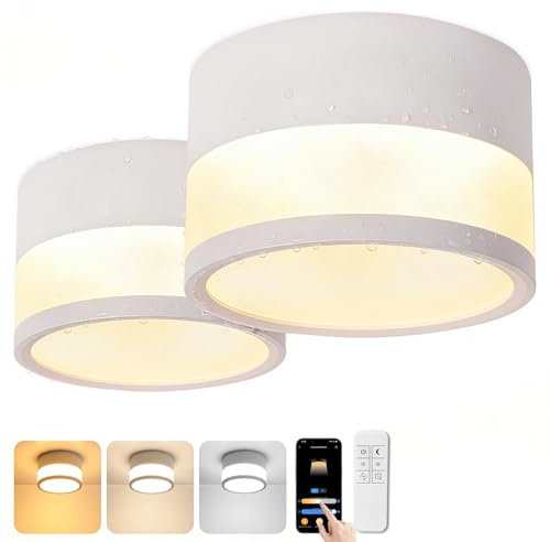 LED Aufbauspot Dimmbar IP65 Deckenleuchte Aufputz mit Fernbedienung APP | 12W, Deckenspots Schwarz 2700K-6500K, Aluminium, Aufbaustrahler Flach, Rund Deckenlampe, Badezimmer Lampe, Ø10,9cm, 2 Stück