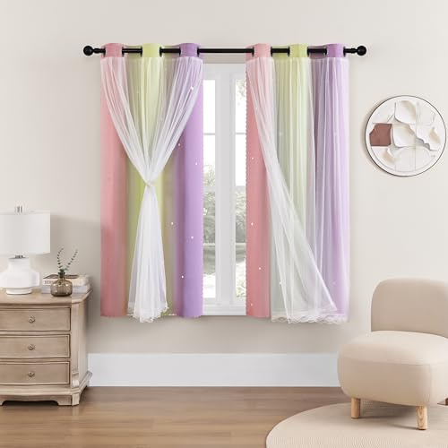 XiDi Kompakt Verdunkelung Sternenmuster Thermo Lichtfilter | Rosa-Gelb-Violett 86x160cm für Kleine Fenster mit Schleier & Lochdesign Pin/Ye/Pur/86/160/2