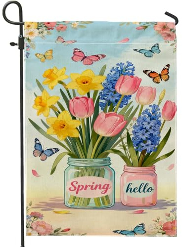 Tulpen Gartenflagge, Frühlingsblumen, Narzissen, Hyazinthe, Frühling, gelbe Jute, doppelseitig, kleine Gartenflagge für Außenbereich, Terrasse, Rasen, Veranda, Eingang, Campingplatz, 30,5 x 45,7 cm