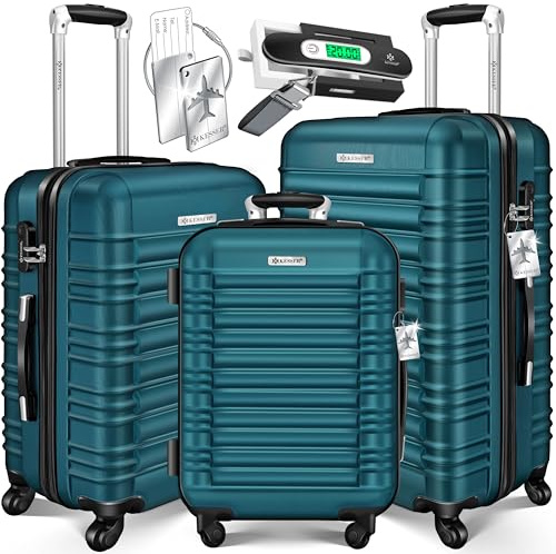 KESSER® Juego de 3 maletas rígidas de viaje, trolley, 4 ruedas, carcasa rígida ABS, mango telescópico, incluye báscula de equipaje + etiqueta de equipaje, cerradura, M-L-XL, 50 x 32 x 75 cm, Clásico