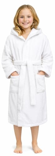 Adore Home Kid's 100% Cotton Terry Towelling Hooded Shawl Collar Bathrobe (AGE 10-11, White)