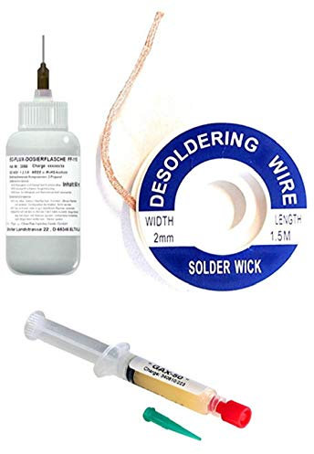 EO SMD-Lötset Nr. A (EO-Flux-Dosierflasche FF-110, 50 ml No-clean Elektronik-Flussmittel mit 5,8% Feststoff + 1 x Entlötlitze 2,0 m + Lötpaste GAX-50, Spritze mit 5 ml Inhalt)
