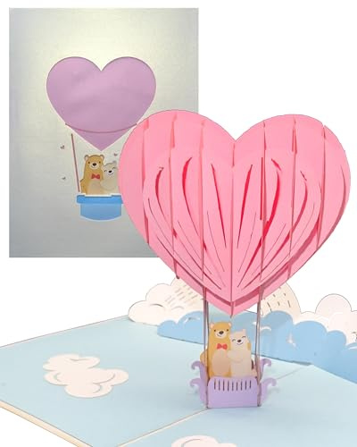 3D Hochzeitskarte mit Umschlag - Pop Up Karte Hochzeit - Ballonfahrt Gutschein, Geschenkverpackung und Valentinskarte