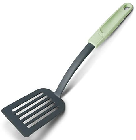 Fackelmann Ecolution Pfannenwender – Schlitzwender aus Holzfasern und Bio-Kunststoff – 33,5 cm x 7 cm große Schöpfkelle in Mintgrün/Steingrau