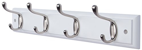 DOKEHOM 4-Satin Nickel Hooks on White Wooden Board Wall Mounted Coat Hook Rack Hanger