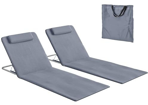 Outsunny Set 2 Sdraio da Spiaggia con Schienale Regolabile su 5 Livelli, Poggiatesta e Borsa da Viaggio, Lettini Spiaggia Pieghevoli in Acciaio e PE, 134x48x33-43 cm, Grigio