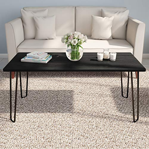 Lavish Home Small Space Coffee Table with Hairpin Legs – Minimalist Industrial Living Room Table with Woodgrain-Look Top and Steel Legs (Black)