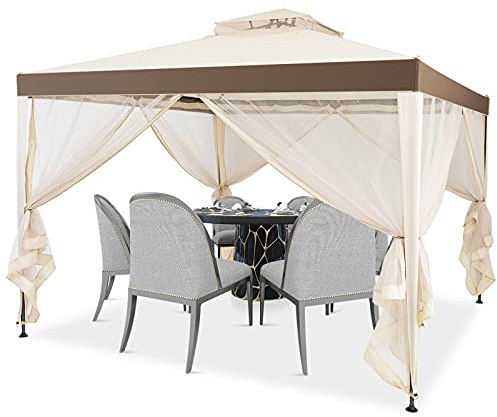 GIANTEX Gartenpavillon für den Außenbereich, 3 x 3 m, mit Stahlgestell und 4 Seitenvorhängen, Belüftung und Anti-Moskito, für Terrasse, Rasen, Balkon (Beige)