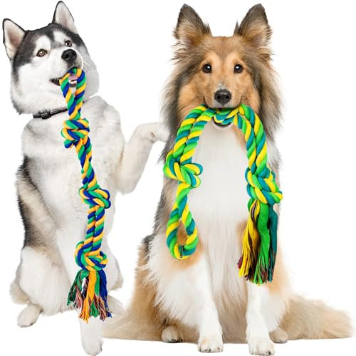 SHARLOVY Large Tough Chew Toys for Aggressive Chewers Large Breed,Heavy Duty Dental Rope Toys Kit for Medium Dogs,5 Knots Indestructible Cotton Puppy Teething Chew Tug Toy (2 pack)