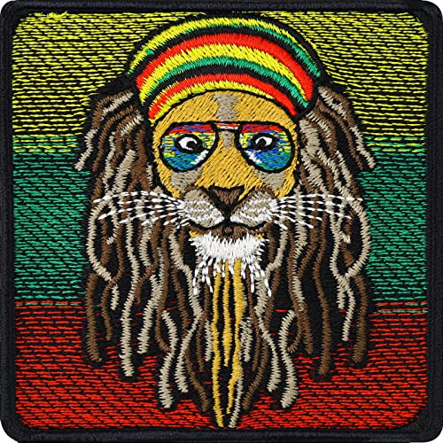 Reggae Rasta Style Löwe mit Deadlocks Applikation zum Aufbügeln Aufnäher mit Stickerei | gesticktes Kunstwerk Lion Löwenkopf Aufbügler/Applikation zum annähen | Dreadlock Rasta Hippie Patch | 75x75mm