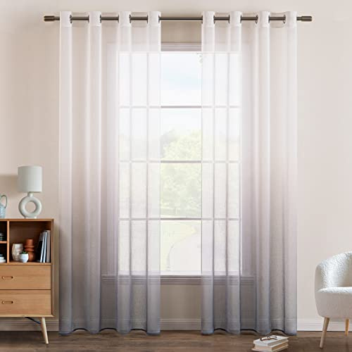 EMEMA Gardinen Transparent Vorhänge Voile Sheer Vorhang mit Ösen Farbverlauf Dekoschal Fensterschal für Schlafzimmer und Wohnzimmer 175 cm x 140 cm(H x B) 2er Set Weiß Grau