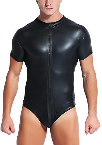 Panegy Herren Kunstleder Overall Glänzend Leder Body Pole Dance Leotard Erwachsene Onesie Singlet, Kurzer Gymnastikanzug, 4X-Large