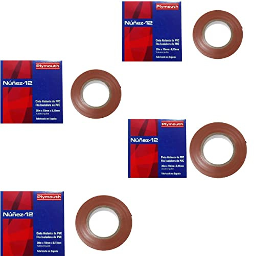RASMACOR | Pack 4 unidades Cinta aislante Marron de PVC Nuñez-Plymouth 5089 | 20m x 19mm x 0,15mm | Autoextinguible | Para todo tipo de aplicaciones mecánicas y eléctricas