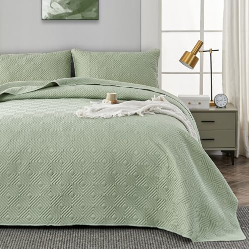 Qucover Tagesdecke Bettüberwurf 220x240cm Grün, Bedspreads aus Mikrofaser, Bettüberwuf Set mit 2 Kissenbezügen 50x75cm,Steppdecke bei 3D-Ultraschal genäht, Sofaüberwurf Bettüberwurf Überwurfdecke