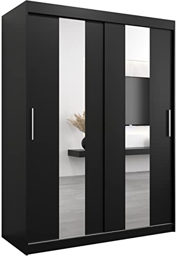 ABIKSMEBLE Pole 150 Armoire à Deux Portes Coulissantes pour Chambre à Coucher - Moderne Armoire de Rangement avec Miroir, Tringle et Étagères - 150x200x62 cm (L x H x P) - Noir Mat