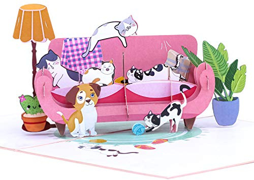 Favour Pop Up® - 3D Karte eine Idylle mit lustigen Katzen, zum Geburtstag, zum Jubiläum, zur Genesung oder als lieber Gruss. Mit Einschiebekarte zum Beschriften. TB139