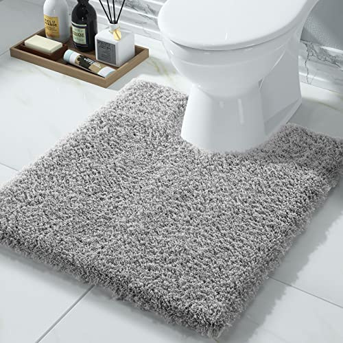 Yimobra U Shaped Toilet Bath Rug, Fluffy Plush, Super Shaggy Soft Non Slip, Water Absorbent Microfiber Bath Mat, Dries Quickly, Machine Washable Thick Bathroom Rugs, 20x 24, Pure Gray