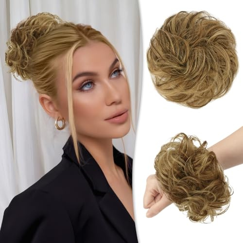 RUWISS Unordentlicher Haarteil 100% Echthaar Rose Dutt für Frauen Echthaar Scrunchies Hochsteckfrisur Haarteile Gelockt Bun Verlängerung（Schokoladen Hellbraun mit Hellgoldblonde Highlight）