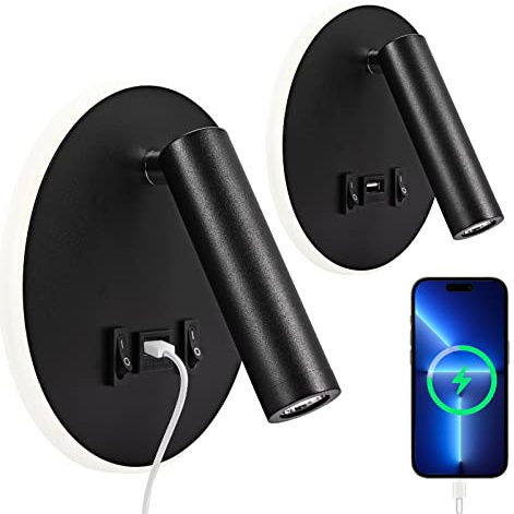 LED wandleuchte mit schalter, Innen Leseleuchte (3 W 3000K + 9 W 3000K), nachttischlampe am Bett wandmontage mit USB Ladeanschluss und Schalter, dimmbares Spot Schlafzimmer Stimmungslicht (2 Schwarz)