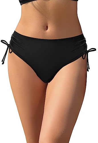 SHEKINI Pantaloni Bikini Neri da Donna Copertura Completa Costumi da Bagno a Vita Media Costume da Bagno Bottoms Ruched Costume da Bagno per Le Donne, Nero, S
