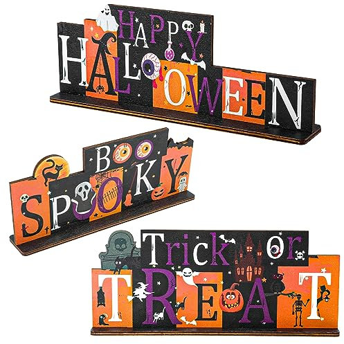 KINBOM 3pcs Deco de Table Halloween, Centre de Table Spooky Citrouille Panneau en Bois Décorations de Table Halloween Décorations de Bureau pour Table Fête Maison Cuisine Halloween
