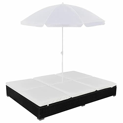GuyAna Outdoor-Loungebett mit Sonnenschirm Rattan Liege Outdoor Garten Lounge Tagesbett Outdoor Sonnenliege Rattan Outdoorbett Poly Rattan Schwarz