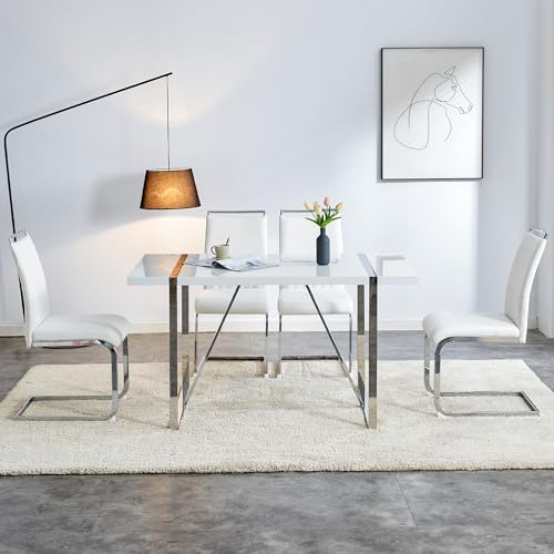 Merax Freischwinger Schwingstuhl 2er Set, Esszimmerstühle mit hoher Rückenlehne aus PU Kunstleder und Leinen, Metallgestell, Moderner Küchenstuhl, Polsterstuhl für Wohnzimmer Konferenzraum, Weiß