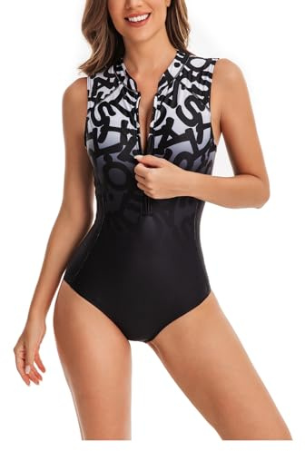 Kuukaas Zip Front Swimsuit Push Up Monokini for Women Tummy Control Swimming Costume One Piece Padded Swimwear L