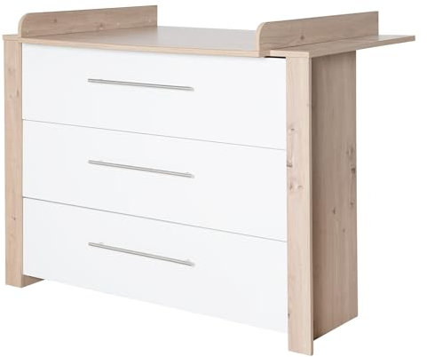 roba Wickelkommode Malo inkl. abnehmbarem Wickelaufsatz - Wickeltisch mit 3 Schubladen inkl. Metallgriffen - Holz weiß/Dekor Artisan Eiche
