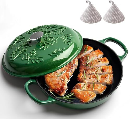 Marmite Rétro En Fonte Verte Avec Couvercle 26Cm Oven Cookware 2.8-Quart Casserole Antiadhésive Pour Le Four Émaillée Robuste Avec Bouchon En Coton Anti-brûlure