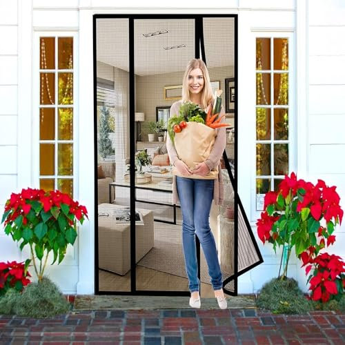 Magnet Fliegengitter Tür, 165x240cm Fliegengittertür Balkontür ohne Bohren mit Vollmagnetstreifen und cm Breitem Rahmen, Insektenschutz Tür Vorhang Schwarz