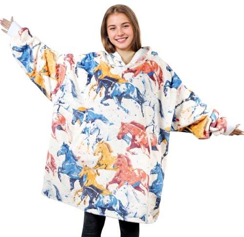 Huglanket Horse Gifts for Girls, Women, Horse Lovers, Wearable Flannel Horse Blanket Hoodies, Super Soft Warm Cozy with Big Pockets - One Size Fits Most, Beige