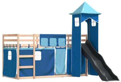 vidaXL Letto a Castello con Scivolo e Tende Blu 90x200 cm