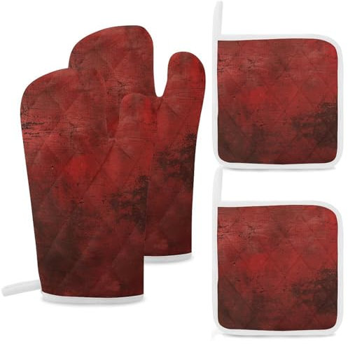 Lot de 4 maniques et maniques de cuisine résistantes à la chaleur - Antidérapantes - Texture rouge - Pour cuisine, pâtisserie, grillades