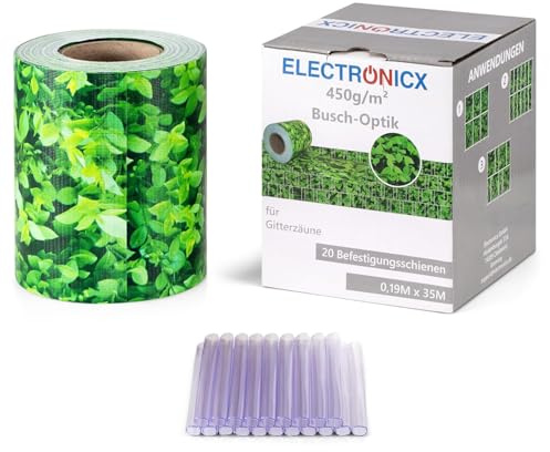 Electronicx PVC Sichtschutzstreifen für Gartenzaun - Buchsbaum, 35m x 19cm, Hochwertige 450g/m² UV-beständige Sichtschutzmatten, Außenbereich Sichtschutz mit 20 Clips