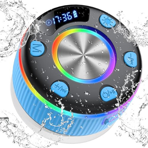 Cassa Doccia Bluetooth 5.3, Altoparlante Bluetooth Doccia con Luce RGB, Shower Speaker Portatile IP7 Impermeabile, 360° 8 Ore Stereo Altoparlante con Chiamata Senza Mani per Viaggi Doccia Esterno