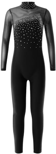 Eandarui Turnanzug Ganzkörper Mädchen Langarm Strass Glitzer Voltigieranzug Kinder Sportbody Gymnastik Trikot Stehkragen Leotard Mit Cut Out Tanzkleidung