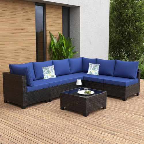 Peacabo 7 Pieces Patio Furniture Set, Outdoor Sectional Rattan Sofa Set, Wicker Patio Conversation Set with Cushions and Glass Coffee Table, for Balcony, Porch, Garden, (Brown/Blue)