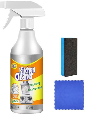 Spray Detergente per la Cucina,Detergente Spray per la Cucina in Schiuma,Detergente in Schiuma Bubble Cleaner,Detergente Schiumogeno per Cucina,60ml+Asciugamano+Spugna Quadrata Blu
