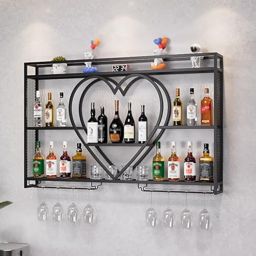 Estantes para vinos montados en la pared, estante para botellas de metal con estante para copas, estante para copas de vino negro, estantes flotantes de unidad de barra de 3 niveles, estante de