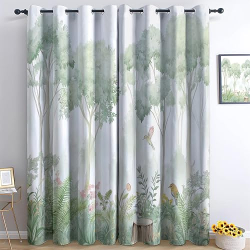 Ösen Vorhang Grün Blickdicht Vorhänge Aquarellmalerei Wald Bäume Vögel Blumen Wohnzimmer Schlafzimmer Verdunklungsvorhänge Thermovorhang 3D Druck Schallschutz Vorhang mit Ösen 2er Set 215 x 110 cm